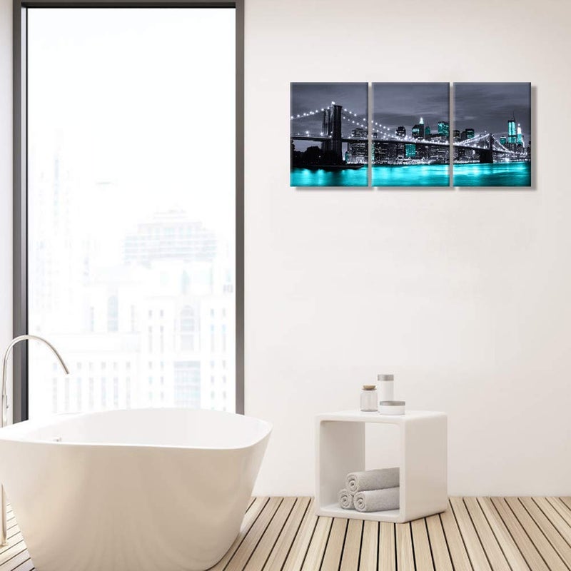Visual Art Decor Black White and Teal Blue New York Brooklyn Bridge Cityscape Night Building Skyline Picture Canvas Prints Wall Art for Modern Home Office Bedroom Decoration - Image 3